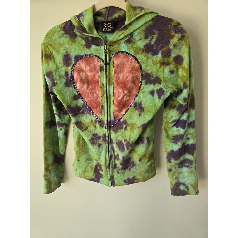 Shop Therapy Tie Dye Heart Sequin Zip Up Hoodie Green Purple Ribbed Cotton Nepal
